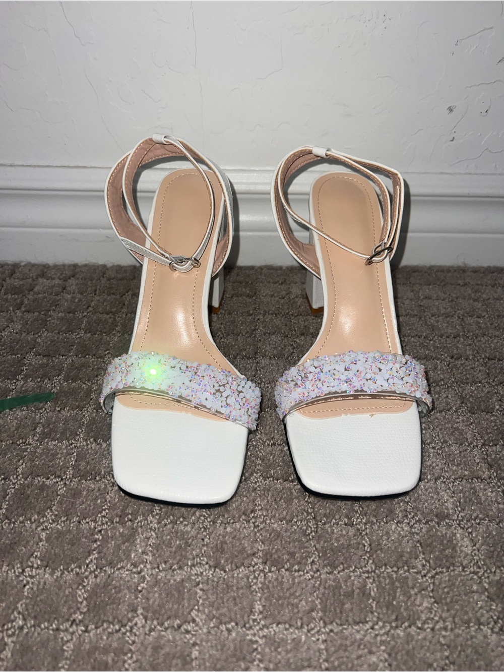 Women's White Ankle-Strap Heeled Sandals with Glitter Strap